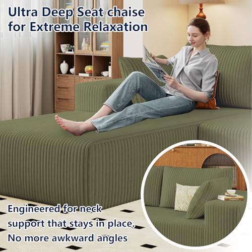 Image of 96 inch Modular Sectional Sofa, Modern Corduroy Cloud Couch with Deep Seat, Boneless Couch Upholstered 3-Seater L-Shaped Sofa for Living Room, No Assembly Required (Green, Left-Facing Chaise)