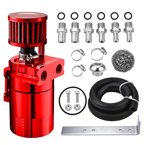 EVIL ENERGY Oil Catch Can Universal Baffled Catch Can Kit with Breather Filter 300ml Aluminum Air Oil Separator Tank NBR Fuel Hose Kits for PCV System Red