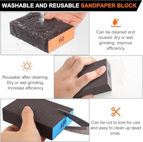 YelaJoy 8-Pack Sandpaper Block Set(60/80/120/220), Washable & Reusable Durable Muti-functional Handmade Sanding Sponge for Sheetrock & Metal Surface Glazing, Polishing & Smoothing