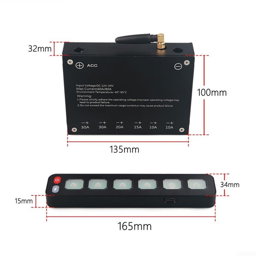 Panel de control táctil inalámbrico de 6 vías RGB intermitente interruptor de relé electrónico 80 A corriente máxima USB C carga metal ABS construcción para coche, camión, vehículo