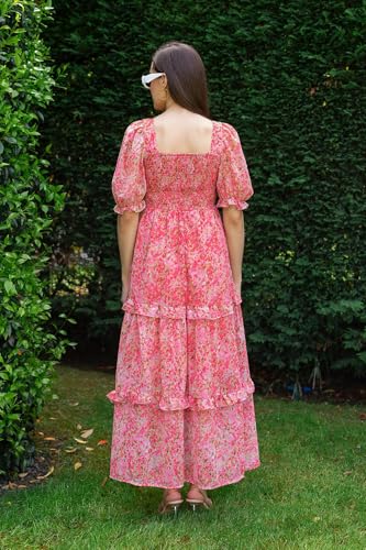 Image of Sheetal Associates Women's Floral Puff Sleeve High Waist A Line Flowy Long Dress