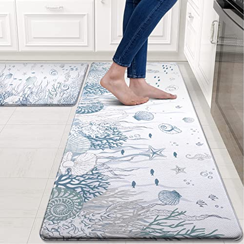 Aspmiz Kitchen Mat Anti Fatigue 2 Piece, Beach Kitchen Rugs For Floor, Cushioned Kitchen Runner Mat Non Skid Washable, Waterproof Memory Foam Comfort Mat For Home Sink, 18'' X 48'' + 18'' X 30'' White #TOP21