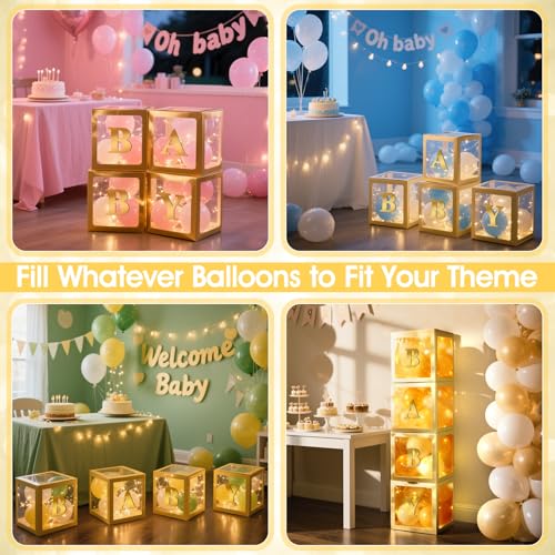Image of Ledido Baby Boxes with Letters for Baby Shower Decorations, 4 pcs Clear Balloon Boxes Blocks Decor with LED Fairy String Lights for Boy Girl Gender Reveal Decorations Backdrop Party (Gold)