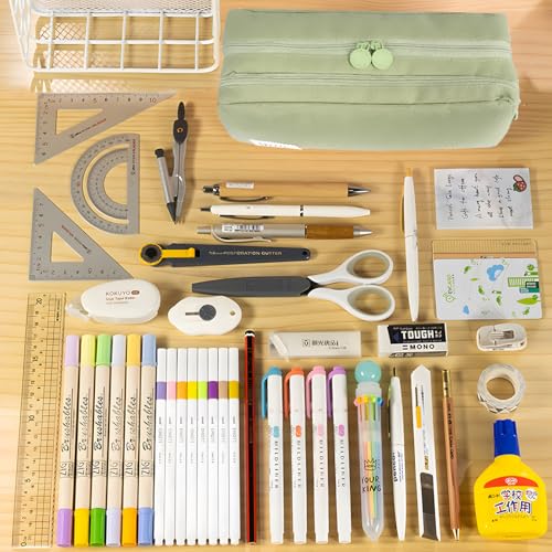 Image of Pencil Case Large Capacity Pencil Pouch Pen Bag with Extendable Big Compartment, Double Zipper Pencil Pouch School Office Stationery Organizer Bag for Girls Boys Teen Adults Men Women (Green)