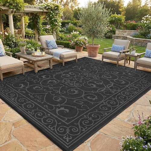GAOMON Large Outdoor Camping Rug 9x18 Vintage Floral Reversible Outdoor Carpet, Foldable Retro Plastic Straw Rug, Portable Outside Patio Rugs Floor Mat for Porch, Beach, Balcony,Vintage-Blac