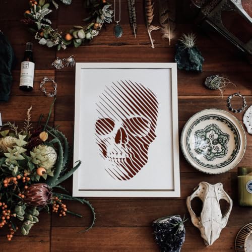 FINGERINSPIRE Plantilla de pintura 3D con esqueleto lineal y pincel, 21 x 29,7 cm, plantilla de dibujo tridimensional con diseño de calavera, plantilla decorativa de Halloween para pintar en paredes