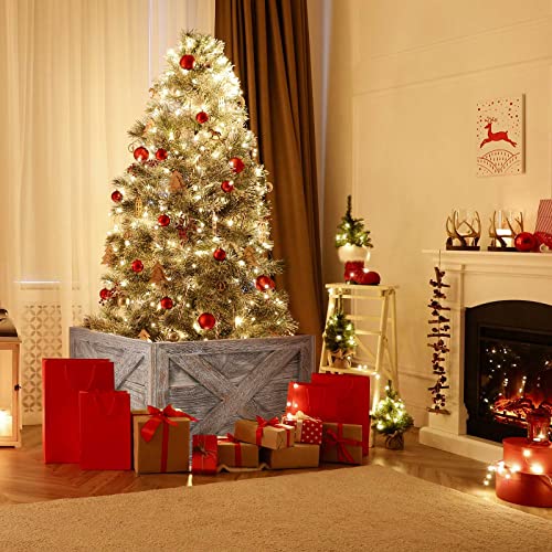 Goplus Wooden Tree Collar Box, 100% Solid Wood Farmhouse Tree Box, Rustic Christmas Tree Skirt, Vintage Weathered Wood Decoration, 4 Sides (Grey, 24” X 22.5” X 14.5”) #TOP5