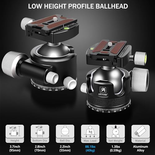 ARTCISE KB55 Low Profile Ball Head Tripod for Heavy Duty Use
| ARTCISE KB55 55mm Low Profile Ball Head with All Metal CNC Machining
| ARTCISE KB55 Heavy Duty Tripod Head with 3 Quick Release Plates for DSLR Camcorder