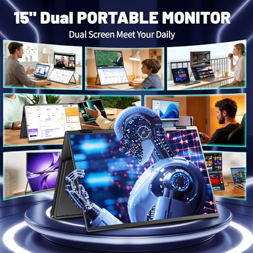 Image of Portable Monitor Dual 15.6 Inch 1080P Dual Stacked Foldable Screen Monitor, USB-C HDMI Travel Monitor for Laptop Mac Windows, Screen Extender with Kickstand, VESA Mountable