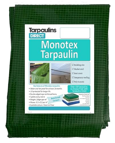 Bradshaws Direct Green Monotex Tarpaulin 250Gsm 6.0M X 4.0M Heavy Duty Strong Industrial Waterproof Sheet Cover Tarp With Reinforcved Eyelets