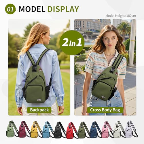 Image of Convertible Sling Bags for Women Men, Lightweight Crossbody Backpack Daypack Fit for 11 inch Tablet for Casual Travel Sport Hiking (Dark Green)