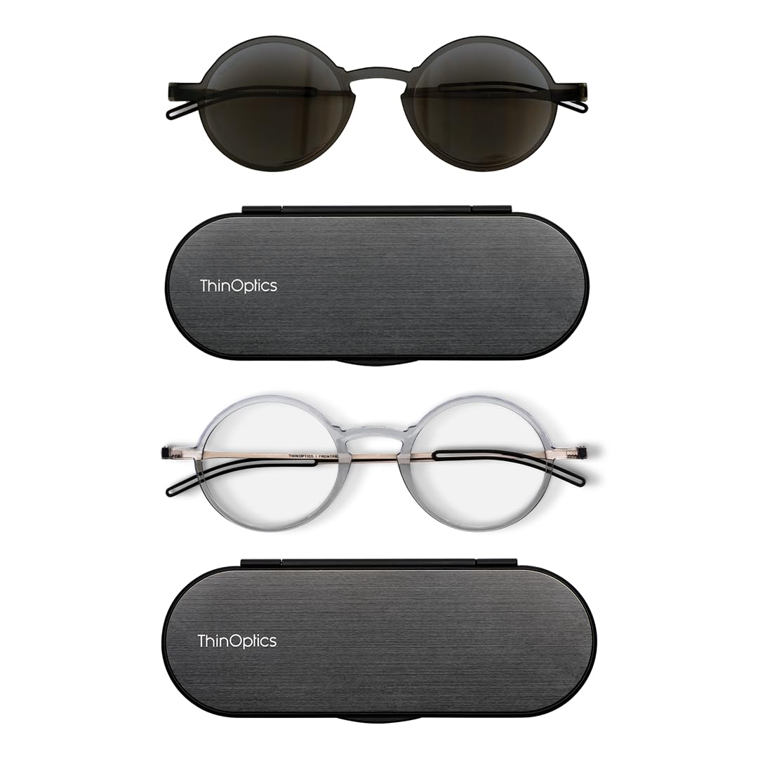 Photo 1 of ThinOptics Bundle - Reading Glasses and Sunglasses with Cases - Ultra Thin, Durable, Lightweight - Round Clear 1.0x
