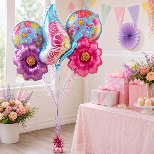 Image of Wanna Party Butterfly & Flowers Foil Balloon Bouquet Set of 5 | Butterfly Theme Helium Supported Balloons for Birthday Party Decoration, Cake Table Setup & Celebration Backdrop
