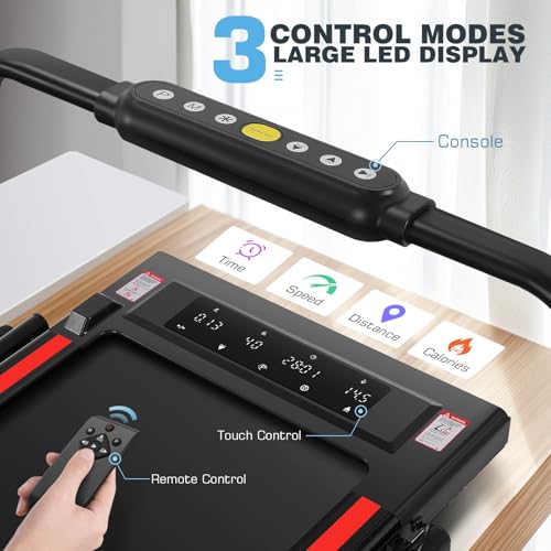 Image of Walking Pad Treadmill Adjustable Height, Under Desk Treadmills with Handle Bar and Incline, 300lbs Capacity Foldable Treadmill with Removable Desk Workstation, Installation-Free(Black red)