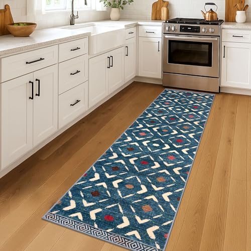 KILOCOCO Hallway Runner Rug 2'x7' Runners for Hallways Soft Washable Runner Rugs Non Slip Printed Low-Pile Runners for Bedroom Kitchen Living Room Laundry Room Boho Rugs, Teal/Blue