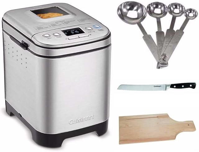 Cuisinart CBK-110 Programmable Compact Automatic Bread Maker Machine Bundle with Measuring Spoon Set, Bread Board, and Bread Knife - Makes a variety of loaf sizes and gluten-free options (4 Items)