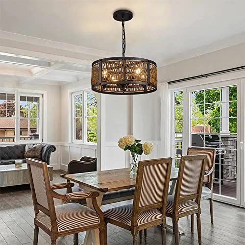 Zhizenl Pendant Lights, Farmhouse Rattan Pendant Light, 4-Lights E12 Industrial Wicker Black Chandeliers Light Fixture For Dining Room, Kitchen Island, Bedrooms, Entryway #TOP4