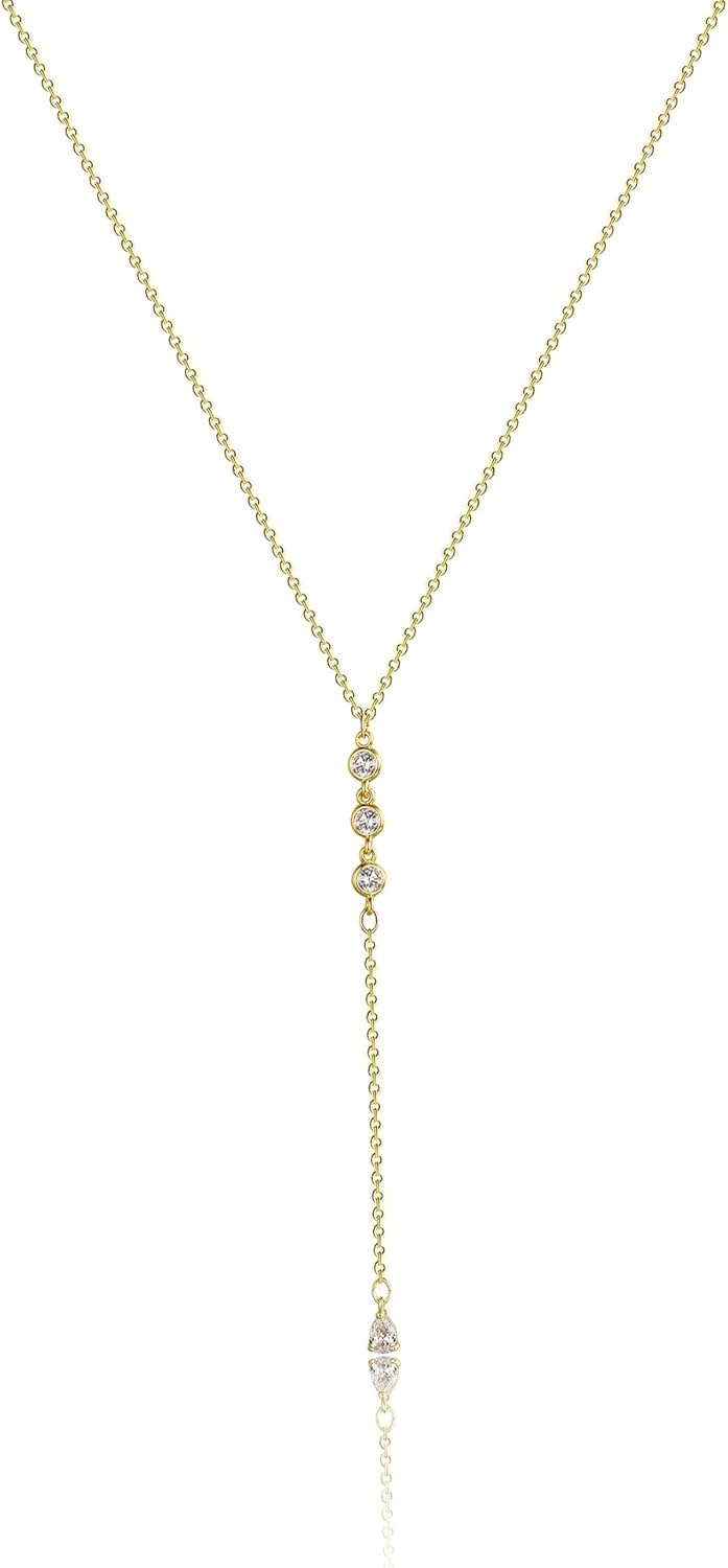 Kyerlyn 14K Gold Plated Zircon Y Lariat Necklaces Long Drop CZ Pendant Y Necklace for Women Dainty Diamond Chain Necklace Fashion Jewelry