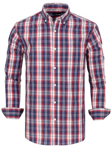 Image of Meewasin Men's Button Down Shirts Plaid Long Sleeve Dress Shirts Regular-Fit Casual Shirt(MWcvc420,M) Navy Red