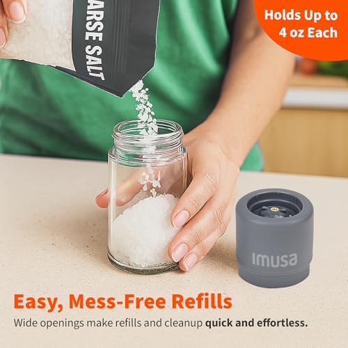 Image of IMUSA Salt and Pepper Grinder Set, 2-Pack, Manual | Adjustable ceramic core for fine-to-coarse grinding, ergonomic grip, glass base resists stains, 6oz means fewer refills