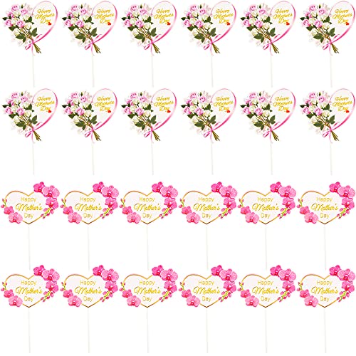 Cotiny 24 Pieces Happy Mother's Day Cake Toppers Heart Flower Cupcake Picks For Mothers Day Theme Party Supplies Cake Decoration, 2 Styles #TOP8