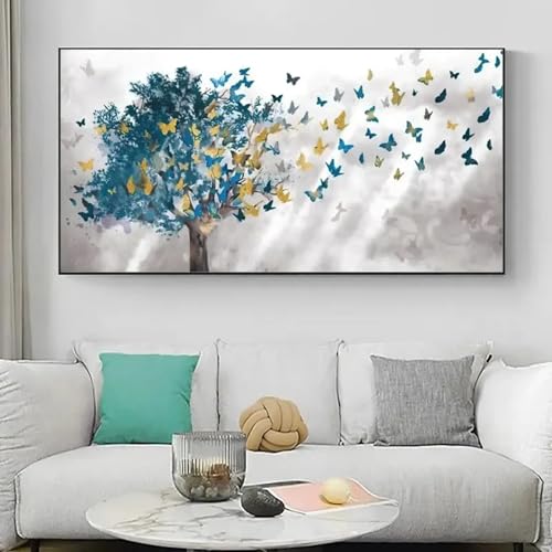 Tableau arbre bleu abstrait nordique 50x95cm encadré pour salon