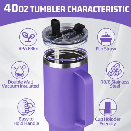 Image of 40 oz Tumbler with Handle and Flip Straw, 100% Leakproof Insulated Tumbler with Lid and Straw, Stainless Steel Travel Coffee Mug, Insulated Coffee Thermal Cup for Cold and Hot (Purple)