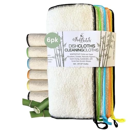 Whiffkitch Bamboo Dishcloths for Kitchen and Multi Surface Cleaning, 9"x9" 6pk Set, Reusable, Washable, Scrub-Non-Scratch, Absorbent, Quick Drying, Eco Friendly Rags, Household Essential Cloths