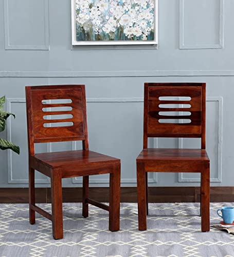 Image of Sheesham Wood Dining Chairs Set Wooden Chairs Without Cushion for Study Room Living Room Home (Set of 2, Honey Finish)
