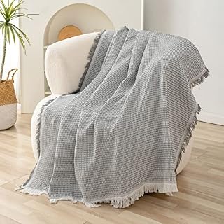LHGOGO Waffle Sofa Throw Blanket Woven Throws for Sofas Large Throws for Settees with Tassels Reversible Versatile Blanket Throw for Sofa Single Bed and Armchair 130x180cm - Light Grey