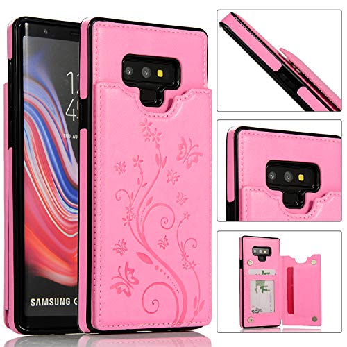 QFUN Back Wallet Case for Samsung Galaxy Note 9 with Stand, Elegant Embossed Design [Butterfly Flower] Lightweight Slim Fit Leather Phone Case with Card Holder Protective Bumper Flip Cover - Pink
