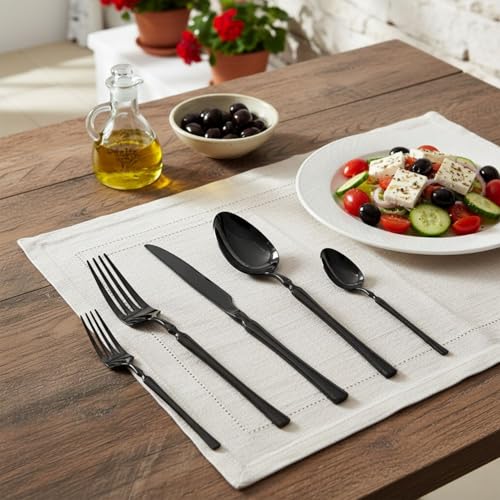Image of 25 Pcs Black Cutlery Set for Dining Table the Perfect Lightweight Silim Handle Tableware Including Dinner Spoon, Dinner Fork, Dinner Knife, Dessert Spoon & Dessert Fork