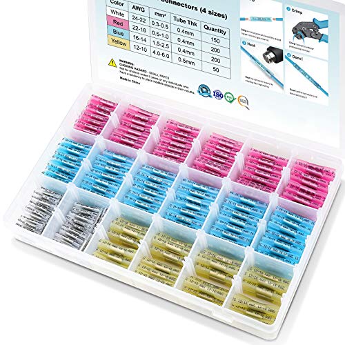 TICONN 600 PCS Heat Shrink Butt Connectors Kit, AWG 24 â€“ 10 4 Sizes Butt Splice, Insulated Waterproof Electrical Marine Automotive Wire Crimp Terminals