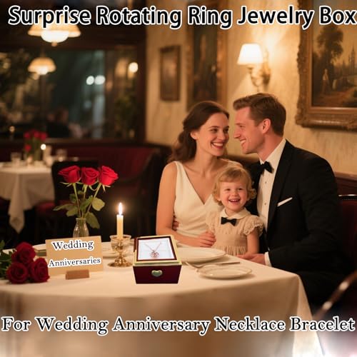 Image of Little Bear Cake Rotating JewelryBox for Proposal - Rotating Ring Box Engagement Ring Box, Surprise Box Ring Bearer Box, necklace box for Birthday,Necklace Holder with Fabric Interior (red)