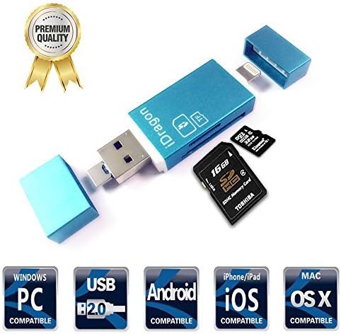IMEEK SD TF Card Reader with Lightning Micro USB Connector, External Storage Memory Expansion for iPhone/iPad/Android phones/Mac/PC - Blue