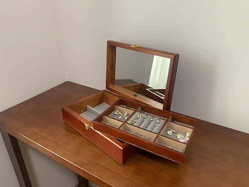 Miniatura 6 de Joyero de madera maciza para mujer, caja organizadora grande de 2 capas con espejo para anillos, aretes, collares, madera de estilo vintage