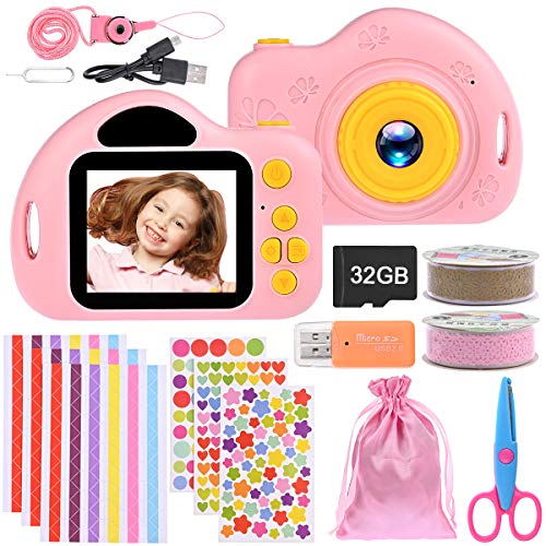 Nabance Cámara de Fotos Digital para Niños 32GB Recargable Cámara Infantil de 2.0Pulgadas Video Cámara Infantil para Niños Regalos deCumpleaños Prueba de Golpes Carcasa de Silicona (Rosa)