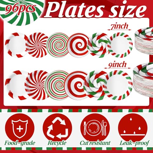 Image of Fourluoo 96 Pcs Christmas Candy Paper Plates 7 inch Disposable Peppermint Dinner Plates for Xmas Birthday Party Table Decoration Supplies
