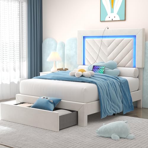Incyneva Upholstered Twin Bed Frame with LED Headboard and Storage Drawer, Velvet Platform Bed Frame Twin Size with Charging Station, Adjustable Headboard, No Box Spring Needed, Off White