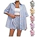 Women's 2 Piece Fashion Set Striped Long Sleeve Button Down Shirt and Summer Drawstring Shorts Airport Loungewear Blue