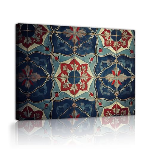 Toile florale bleue et rouge vintage 45x60cm pour déco salon chic