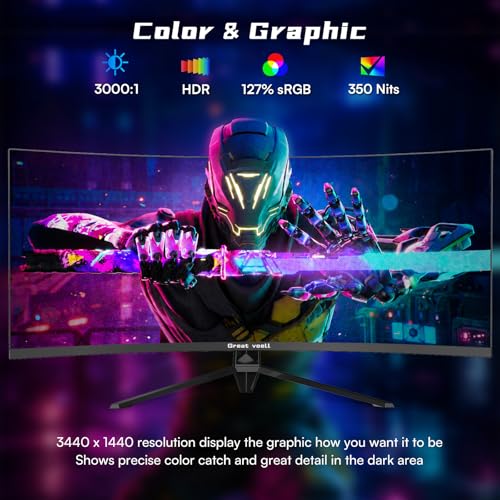 Image of Great voell 34 Inch Curved Gaming Monitor, 240Hz 1ms Display, 1500R 21:9 WQHD VA Screen, G-Sync & FreeSync, HDR, PIP /PBP, DP1.4 & HDMI 2.0, Tilt Adjustable, VESA, DP Cable Included, Pro Gaming