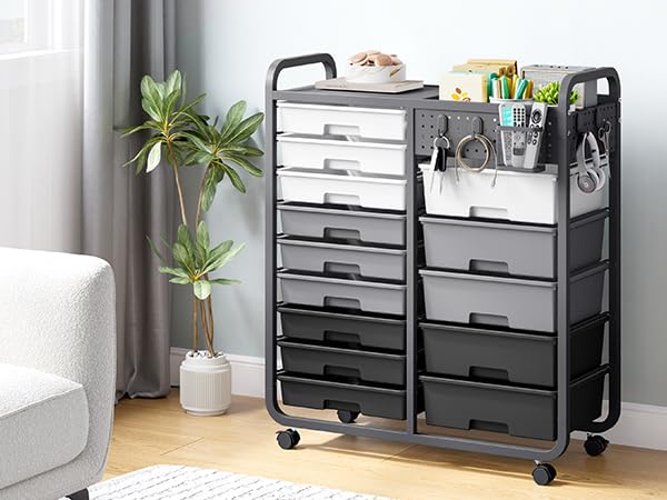 SYKIARIOL 14-Drawer Craft Organizer Trolley Cart with Pegboard, Gray