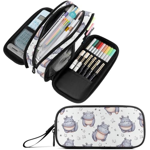 Image of Fustylead Cute Cartoon Hippo Doodle Big Capacity Pencil Pen Case Multi-Purpose Organizer for Office College School Hiking Travel