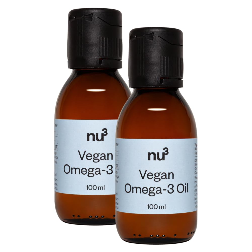 nu3 vegan Omega-3 Oil - Mikroalgenöl Öl, reich an DHA und EPA, Plus Vitamin D3, nachhaltig, fruchtiger Zitronengeschmack, vegan, pflanzliche Alternative für Fischöl, für Gehirn und Sehkraft – 2x100 ml