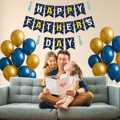 Image of Happy Father's Day Glitter Black Beer Bunting Banner for Dad Father's Party Decorations Backdrop Garland for Father's Day (Blue Tie Dark Blue)