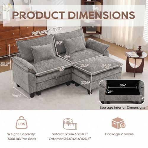 Image of IPKIG 82.3 inch Modular Cloud Couch with Storage, L Shaped Sectional Sofa with Ottoman & Pillow, Chenille Deep Seat Sectional Couches for Living Room, Apartment, Grey