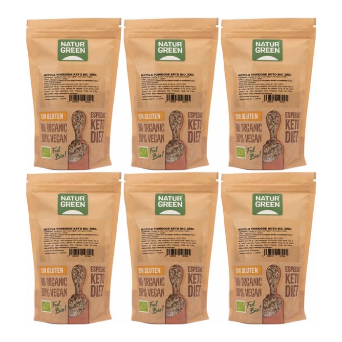 NaturGreen - Porridge Keto, Pack 8 x 300 g, Papilla Ecológica Rica en Proteína y Fibra, Sin Azúcares Añadidos, Sin Gluten, Vegana, Ideal para Desayunos Cetogénicos y Dietas Low Carb