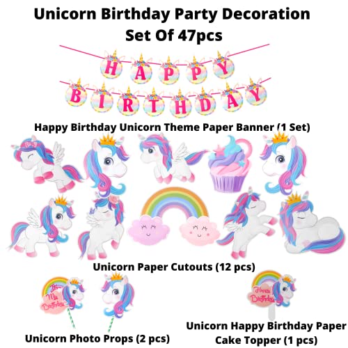 Image of Party Decorz Unicorn Theme Birthday Decoration Set Of 47pcs(1pcs Happy Birthday Banner +12pcs Unicorn Paper Cutout +2pcs Props +1pcs Cake Topper+1pcs Blue Curtain +30pcs Balloons) For Rainbow Theme