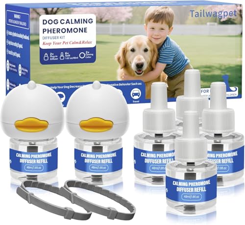 Tailwagpet 10 Pack Dog Calming Diffuser, Relaxing Pheromone for Dogs Relief Stress Reduce Barking Aggression Scratching（2 Diffuser + 6 Refills + 2 Calming Collars）